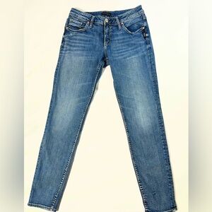 Silver Jeans Womens Dustressed Avery Slim Straight Leg Blue Jeans Size 28/29